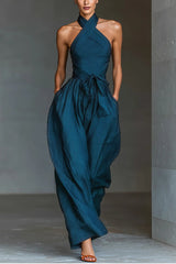 Zafrina - Cross Halter Wide Leg Jumpsuit