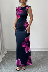 Luxe | Navy Floral Sleeveless Bodycon Maxi Dress