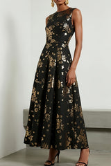 Aurelia | Black Gold Metallic Floral Midi Dress