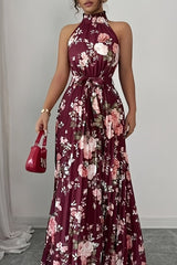 Violette | Burgundy Floral Halter Maxi Dress