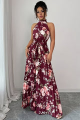 Violette | Burgundy Floral Halter Maxi Dress