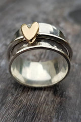 Golden Heart Silver Ring