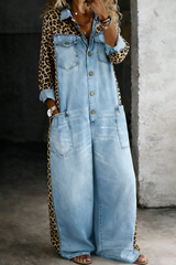 Leontine - Leopard Contrast Denim Jumpsuit