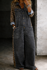 Leontine - Leopard Contrast Denim Jumpsuit
