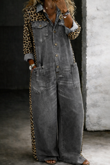 Leontine - Leopard Contrast Denim Jumpsuit