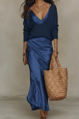 Elena - Midi Satin Dress with Included Sweater