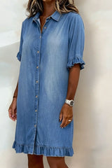 Elowyn - Ruffle Trim Denim Shirt Dres