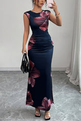 Luxe | Navy Floral Sleeveless Bodycon Maxi Dress