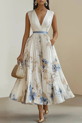 Almira – Elegant Pleated Floral Midi Dress