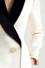 Elegant Asymmetrical White Blazer with Black Contrast Lapels