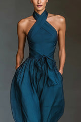Zafrina - Cross Halter Wide Leg Jumpsuit