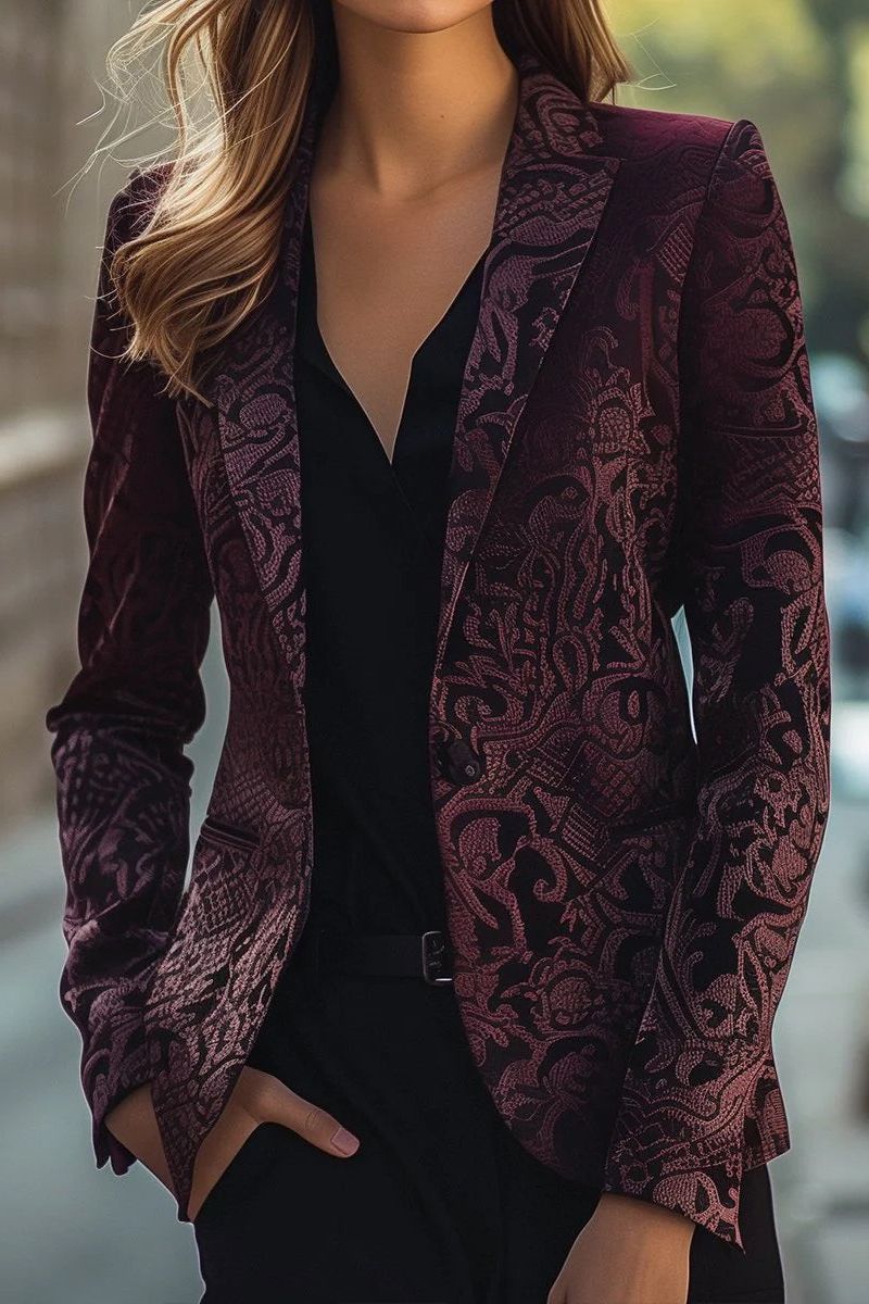 Noble Burgundy Jacquard Satin Blazer