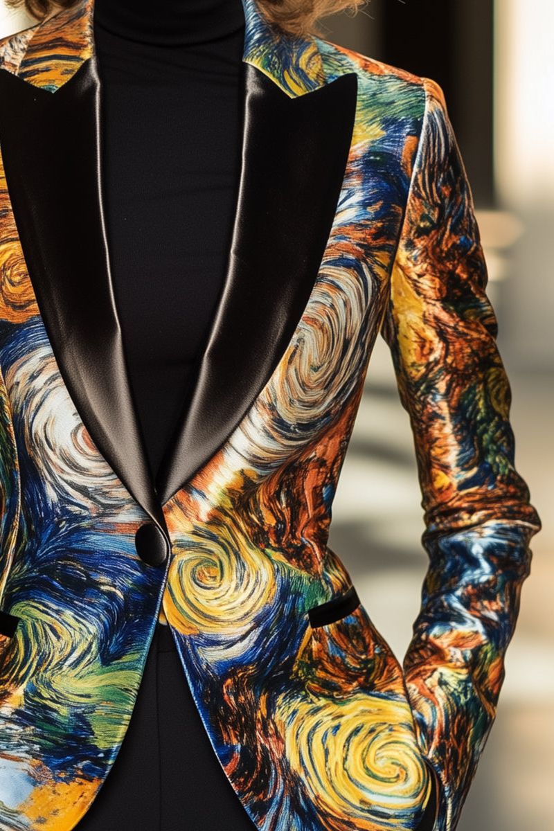Van Gogh Inspired Starry Night Satin Blazer Statement Piece