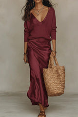 Elena - Midi Satin Dress with Included Sweater