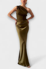 Elegant One-Shoulder Pleated Maxi Dress