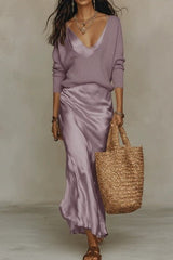 Elena - Midi Satin Dress with Included Sweater