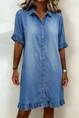 Elowyn - Ruffle Trim Denim Shirt Dres
