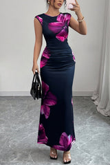 Luxe | Navy Floral Sleeveless Bodycon Maxi Dress