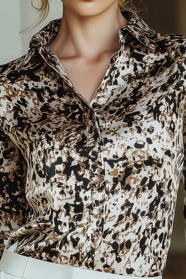Modern Animal Print Satin Blouse In Cream And Mocha