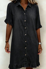 Elowyn - Ruffle Trim Denim Shirt Dres