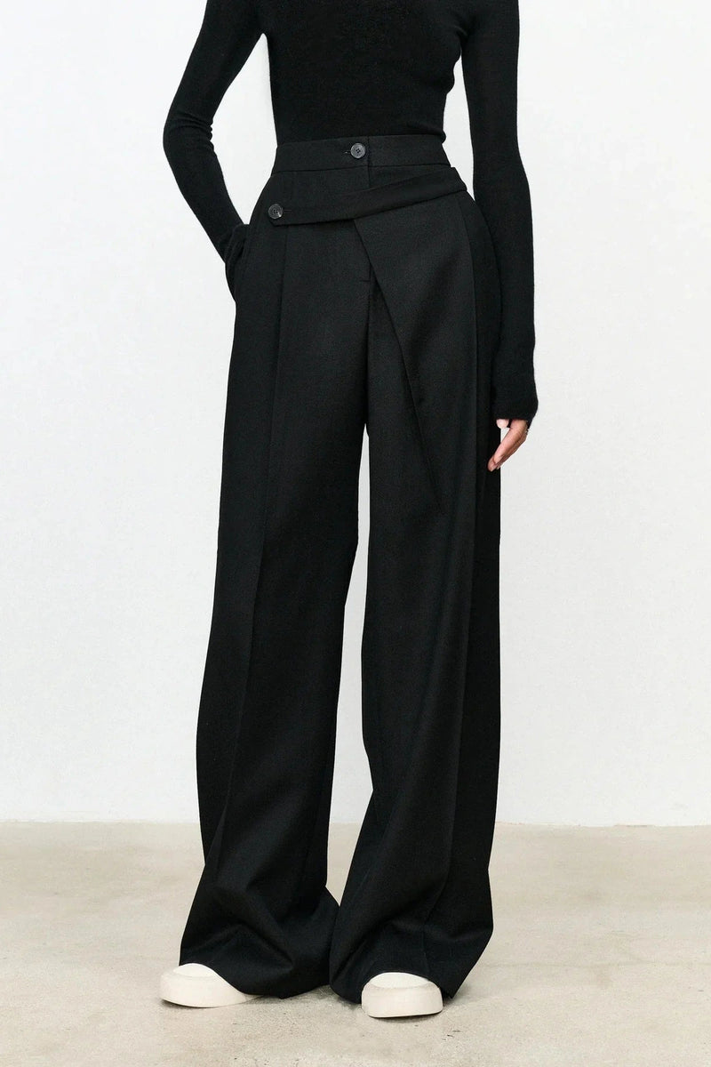 Asymmetric Layer Button Straight Leg Dress Pants