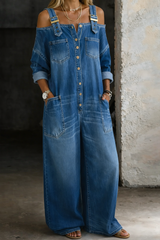 Bellamy - Buckled Off-Shoulder Denim Jumpsuit