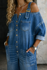 Bellamy - Buckled Off-Shoulder Denim Jumpsuit