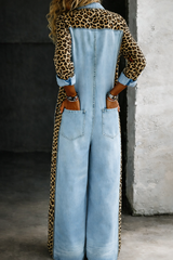 Leontine - Leopard Contrast Denim Jumpsuit