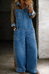Leontine - Leopard Contrast Denim Jumpsuit