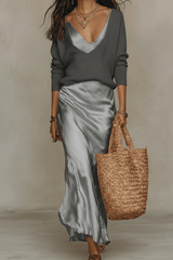 Elena - Midi Satin Dress with Included Sweater