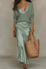 Elena - Midi Satin Dress with Included Sweater
