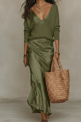 Elena - Midi Satin Dress with Included Sweater