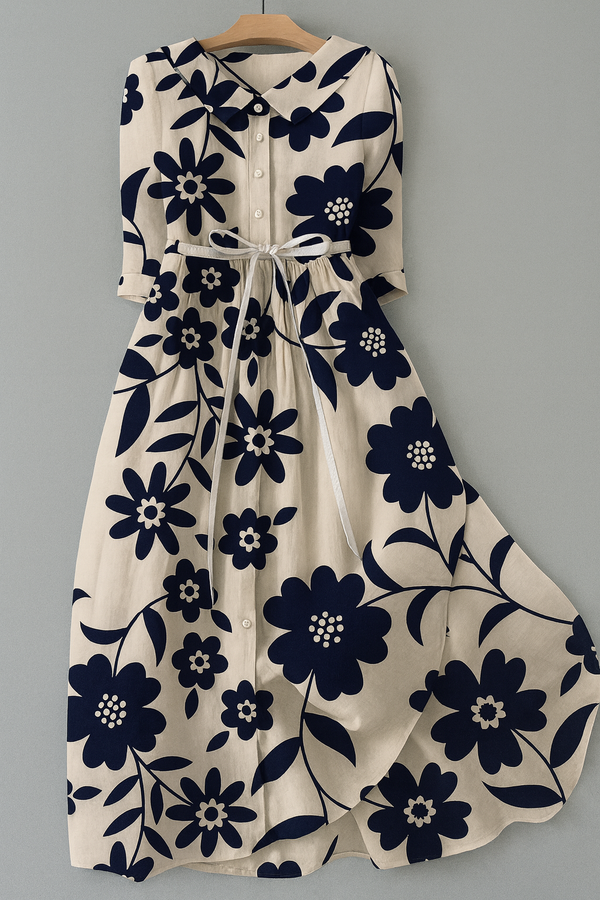Nora – Monochrome Bloom Waist Tie Dress