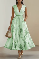 Almira – Elegant Pleated Floral Midi Dress