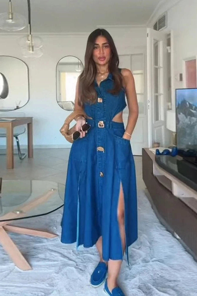 Aurora – High Slit Flare Hem Denim Maxi Dress