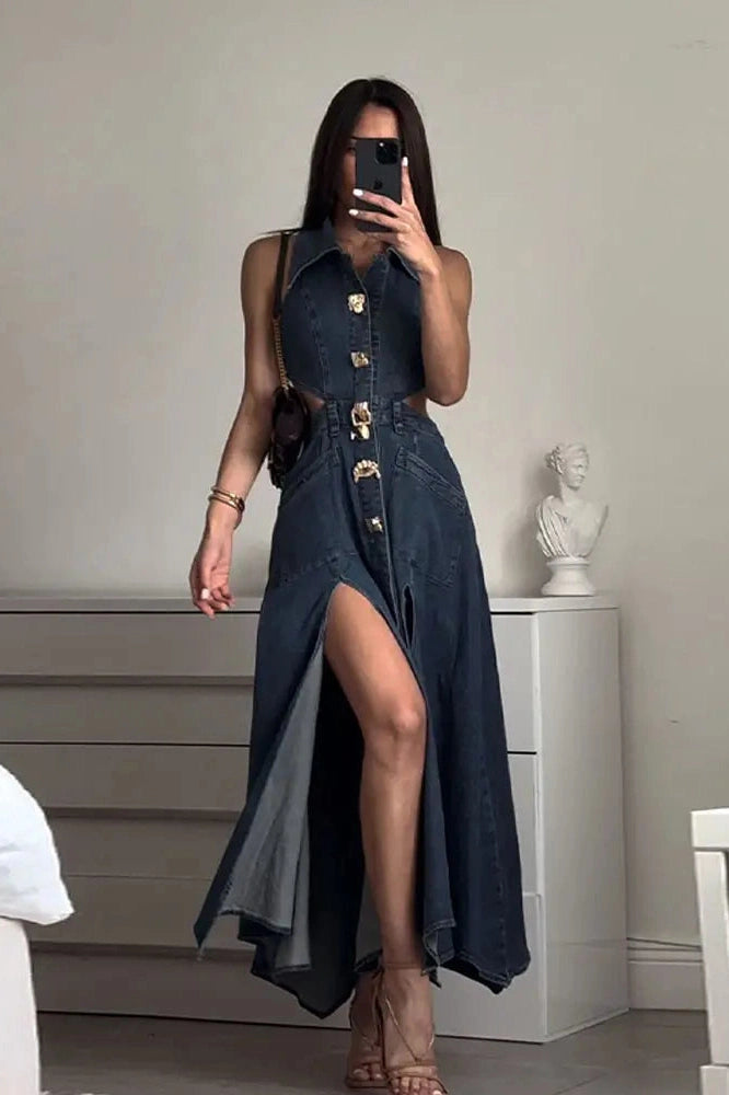 Aurora – High Slit Flare Hem Denim Maxi Dress