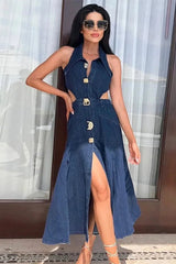 Aurora – High Slit Flare Hem Denim Maxi Dress