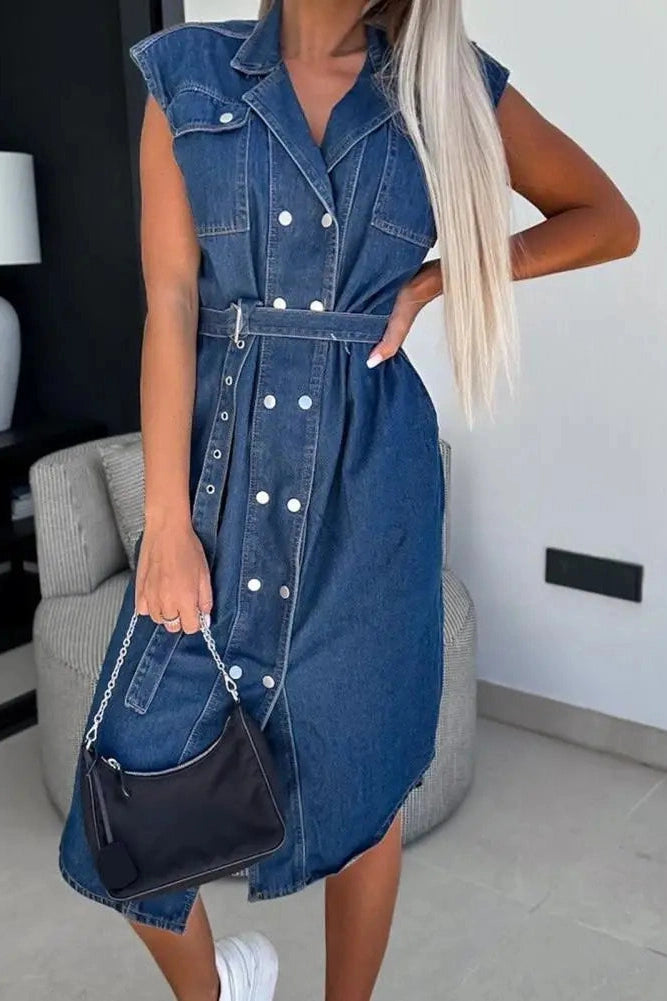 Sienna – Sleeveless Belted Denim Shirt Dress