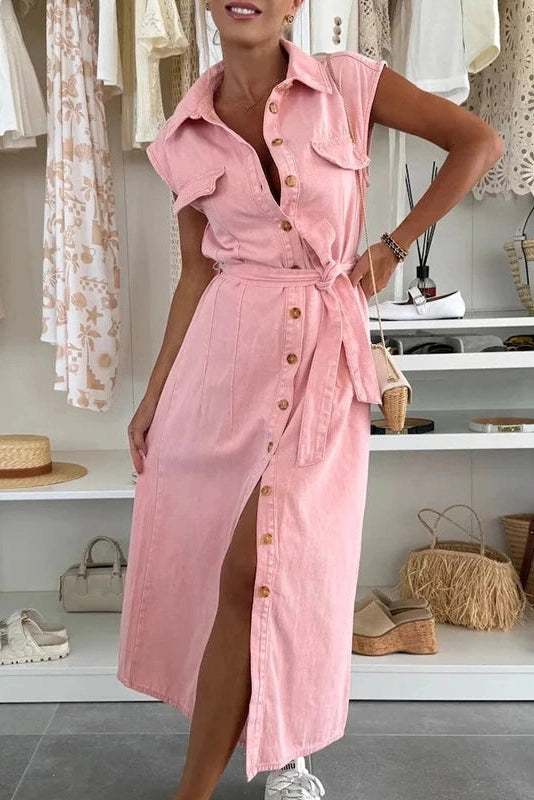 Camille – Sleeveless Button-Down Utility Denim Dress