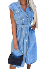 Sienna – Sleeveless Belted Denim Shirt Dress