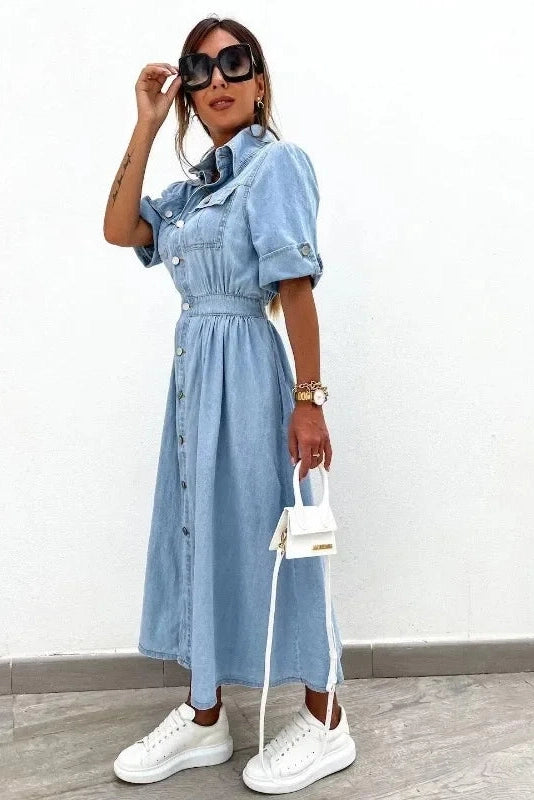 Luna – Light Wash Midi Denim Shirt Dress