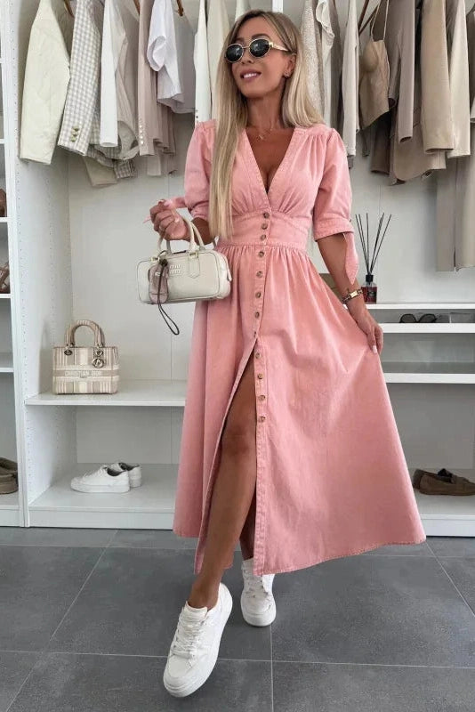Elise – Button-Front V-Neck Maxi Shirt Dress