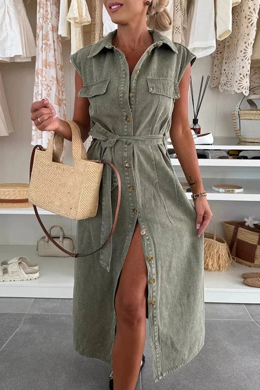 Camille – Sleeveless Button-Down Utility Denim Dress