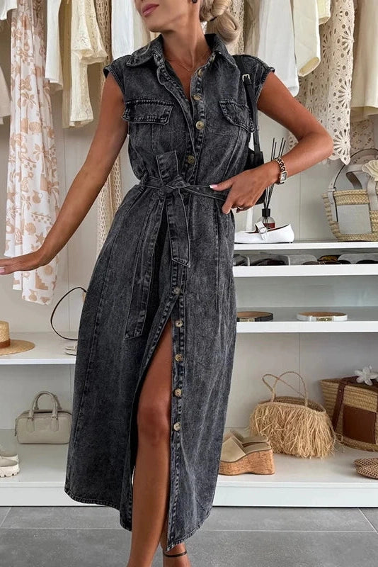 Camille – Sleeveless Button-Down Utility Denim Dress