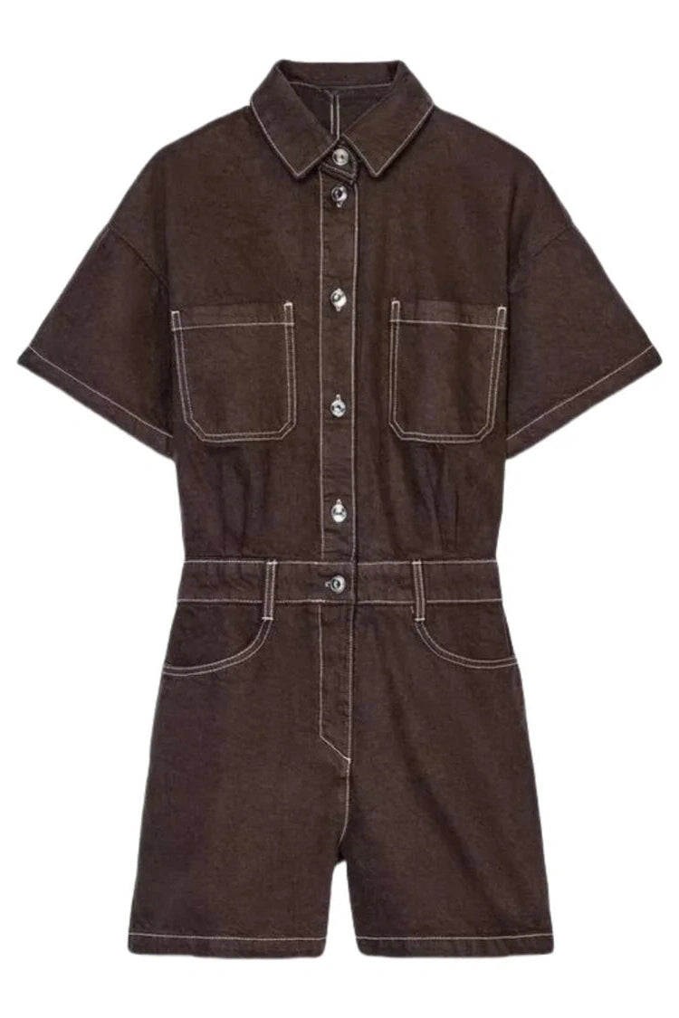 Brown - Denim Overall Shorts