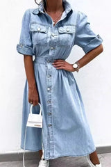 Luna – Light Wash Midi Denim Shirt Dress