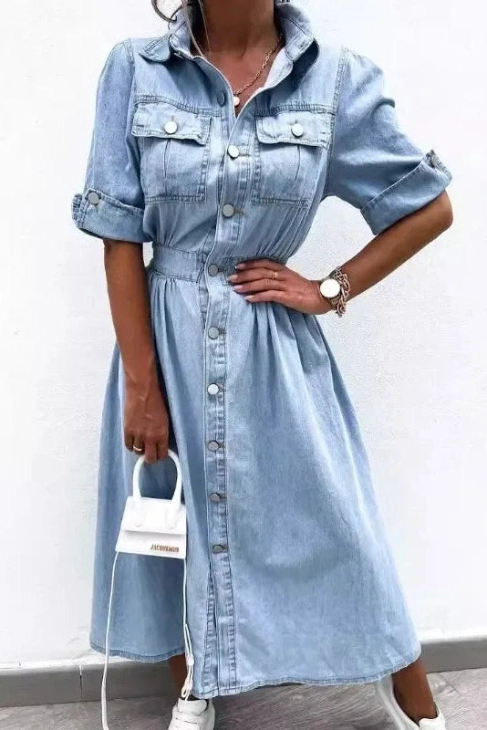 Luna – Light Wash Midi Denim Shirt Dress