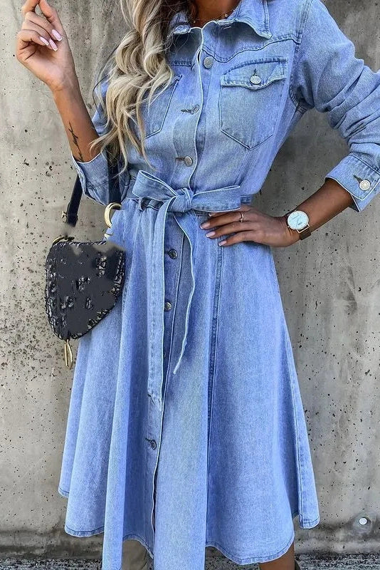 Grace – Belted Skater Denim Shirt Dress