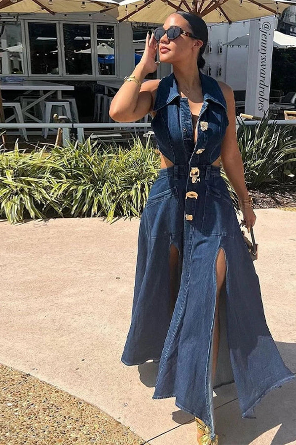 Aurora – High Slit Flare Hem Denim Maxi Dress
