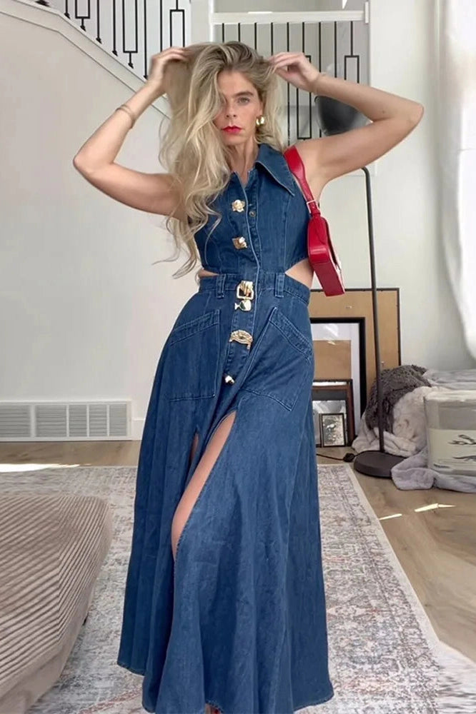 Aurora – High Slit Flare Hem Denim Maxi Dress